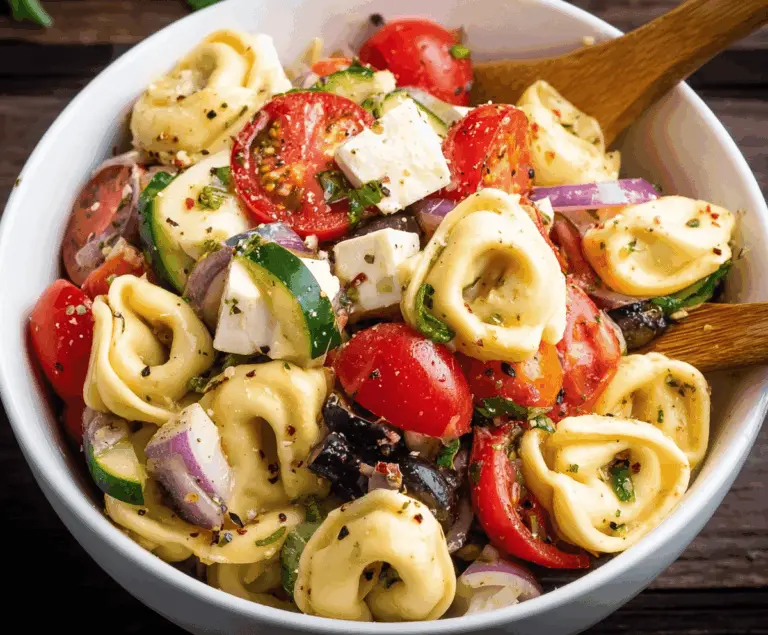 Colorful Italian Tortellini Pasta Salad with fresh vegetables, herbs, and a tangy dressing, perfect for summer gatherings