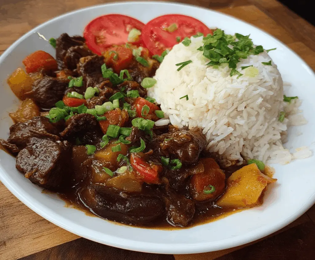 Hearty Jamaican Beef Stew served with fluffy rice, garnished with fresh herbs and colorful vegetables, perfect for a flavorful Caribbean meal.