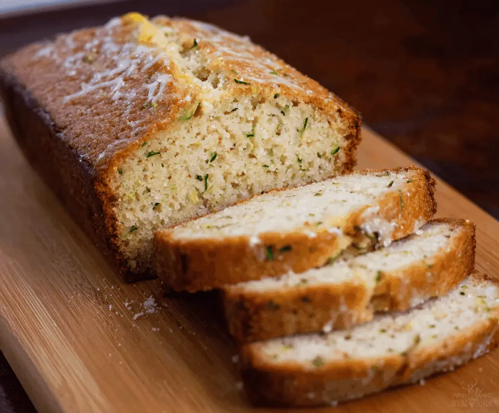 Delicious homemade lemon zucchini bread with a golden crust and fresh zucchini slices, perfect for a moist and flavorful treat