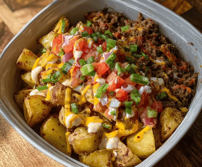 Delicious loaded potato taco bowl topped with melted cheese, sour cream, green onions, and crispy bacon served in a bowl