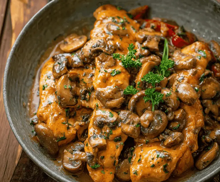 Creamy mushroom chicken served with fresh herbs on a white plate, highlighting a delicious and savory mushroom chicken dish.