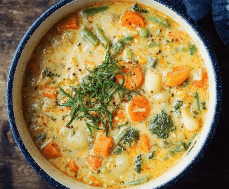 Creamy vegetable soup served in a bowl with fresh herbs, showcasing a colorful mix of carrots, celery, and spinach in a one-pot recipe