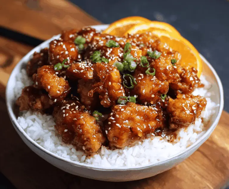 Delicious homemade orange chicken served with vibrant orange sauce and steamed rice on a plate, garnished with chopped green onions
