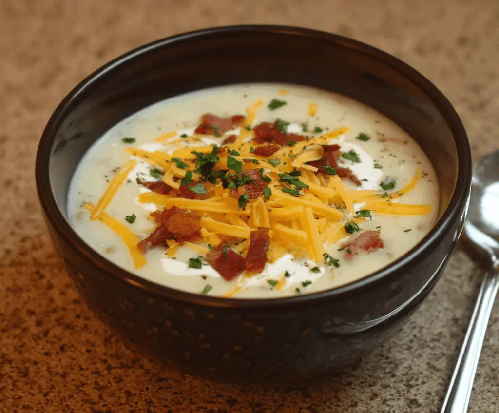 Creamy Outback Steakhouse Potato Soup topped with shredded cheese and chives, served in a bowl