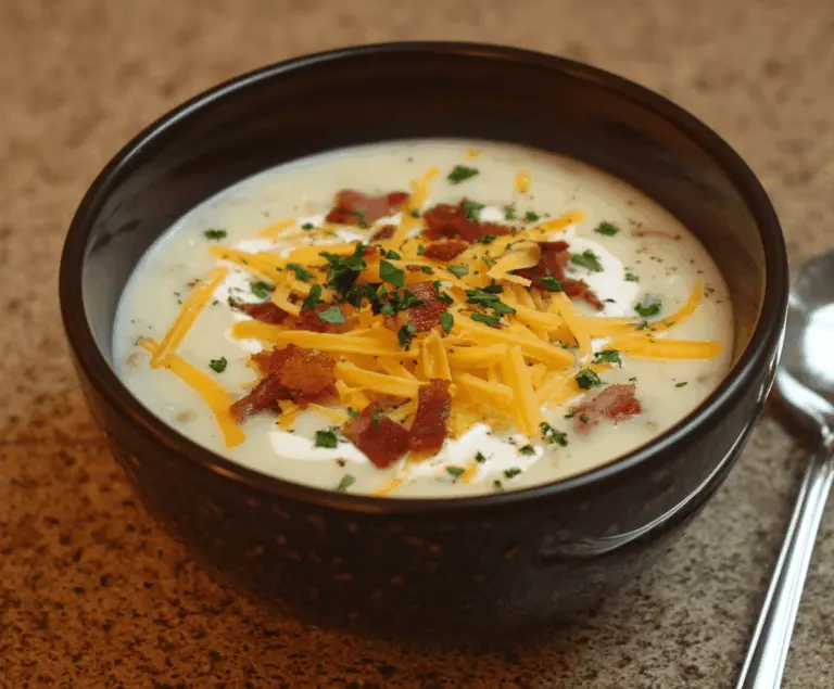 Creamy Outback Steakhouse Potato Soup topped with shredded cheese and chives, served in a bowl