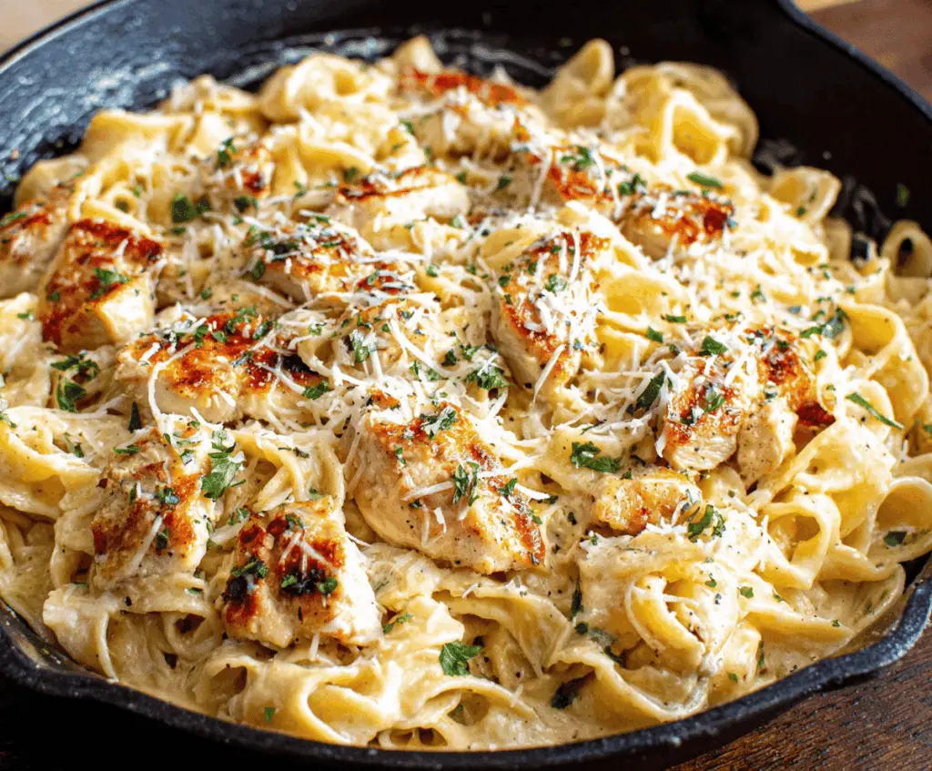 Creamy Parmesan Chicken Pasta with tender chicken, al dente pasta, and a rich Parmesan cheese sauce garnished with fresh herbs.