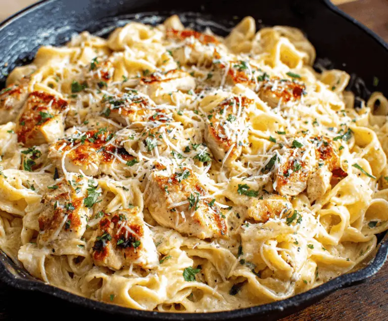 Creamy Parmesan Chicken Pasta with tender chicken, al dente pasta, and a rich Parmesan cheese sauce garnished with fresh herbs.