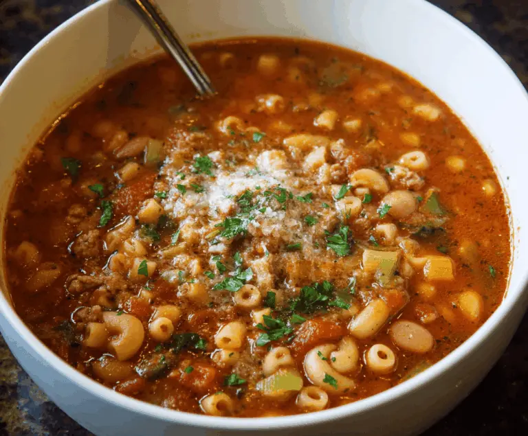 Creamy Pasta Fagioli soup with beans, pasta, and fresh herbs served in a bowl