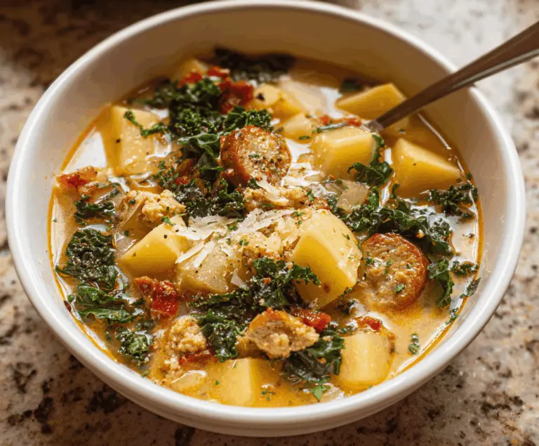 Hearty sausage, potato, and kale soup in a bowl, garnished with fresh herbs, perfect for a warm and nutritious meal.