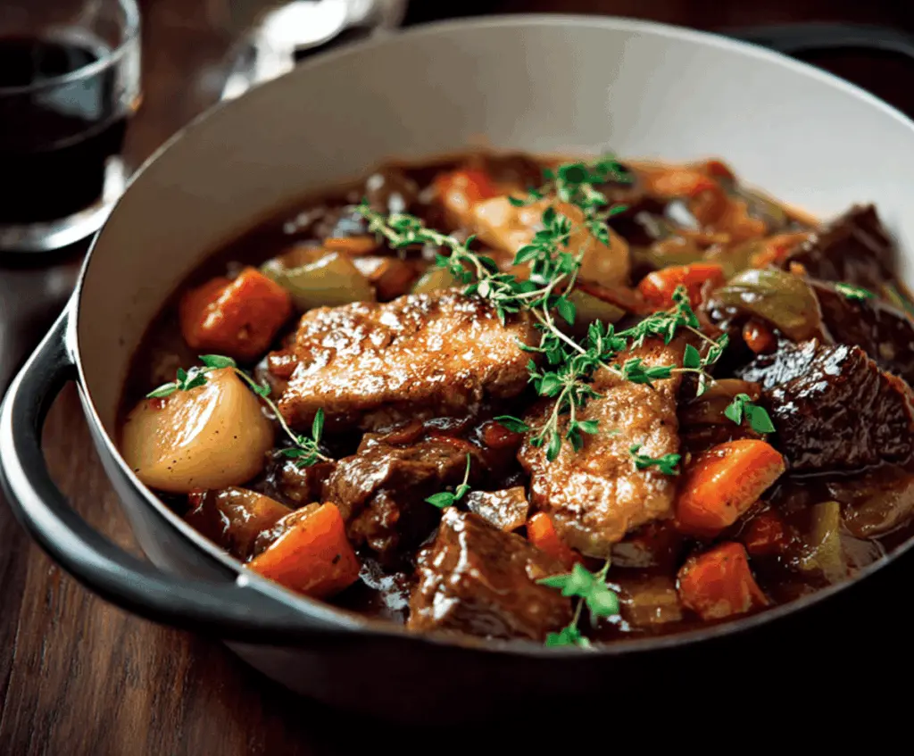 Hearty Scottish Beef Stew with tender beef chunks, root vegetables, and savory broth served in a rustic bowl.