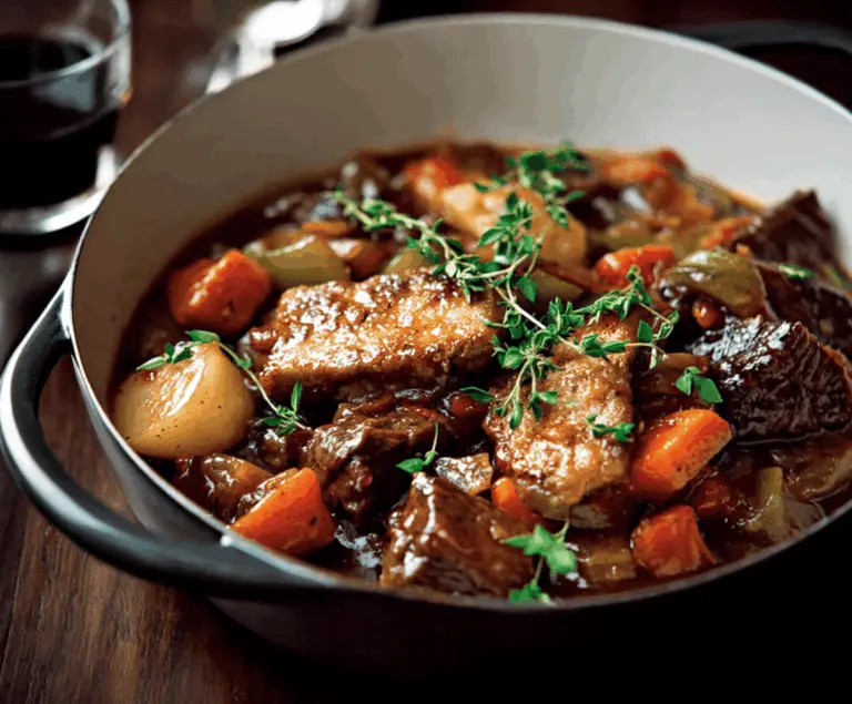 Hearty Scottish Beef Stew with tender beef chunks, root vegetables, and savory broth served in a rustic bowl.
