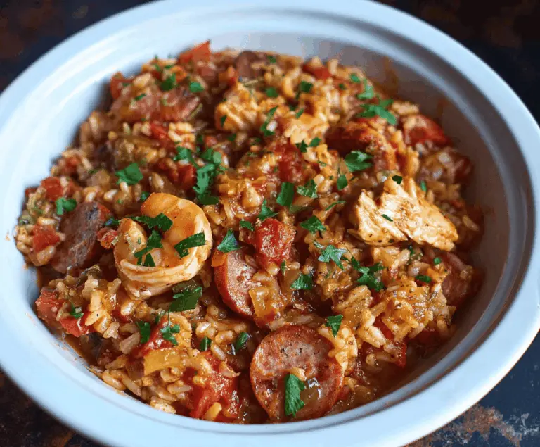 Creamy Slow Cooker Chicken Jambalaya with tender chicken, colorful vegetables, and flavorful rice served in a rustic dish