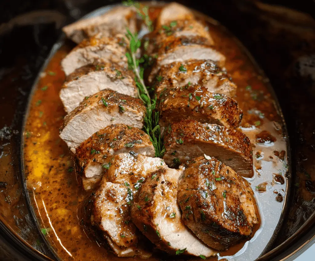 Juicy and tender slow cooker pork tenderloin garnished with fresh herbs, ready to serve