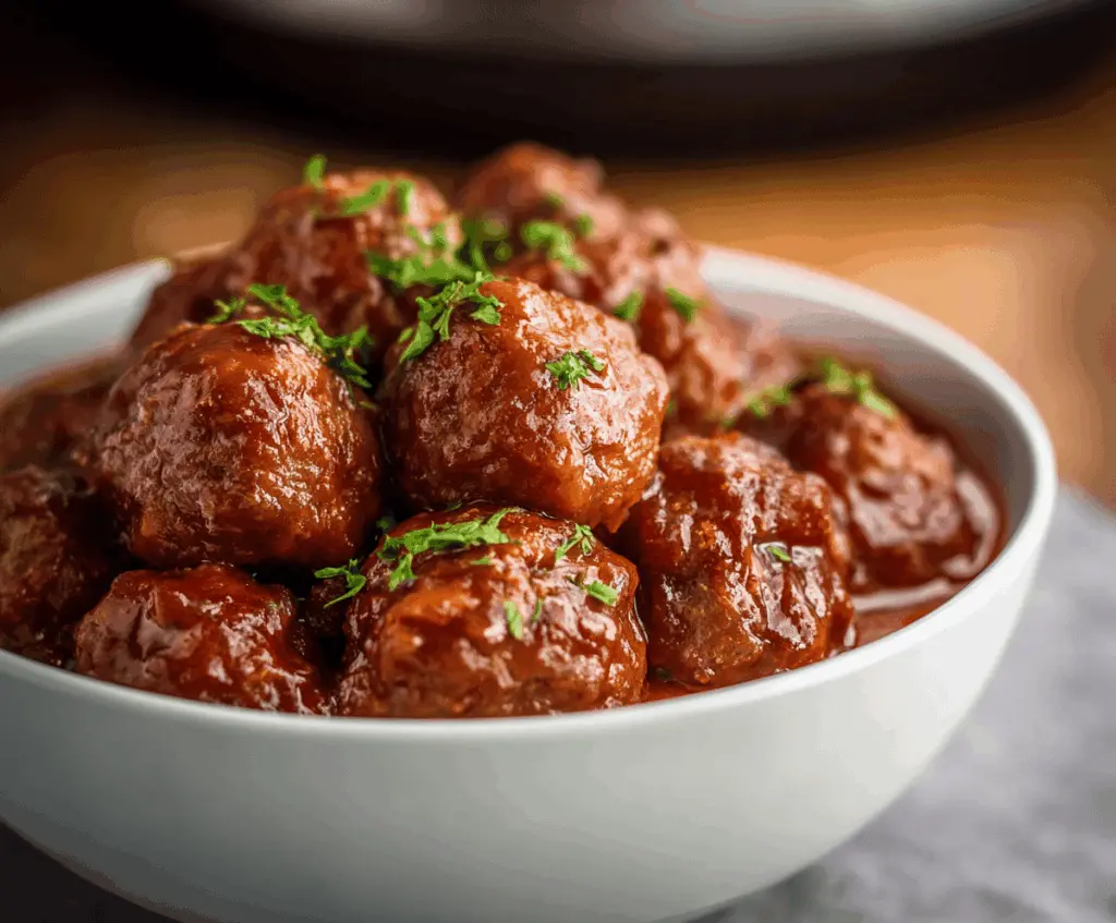 Delicious homemade Sweet Crockpot Chili Meatballs served in a flavorful chili sauce, perfect for a comforting appetizer or meal