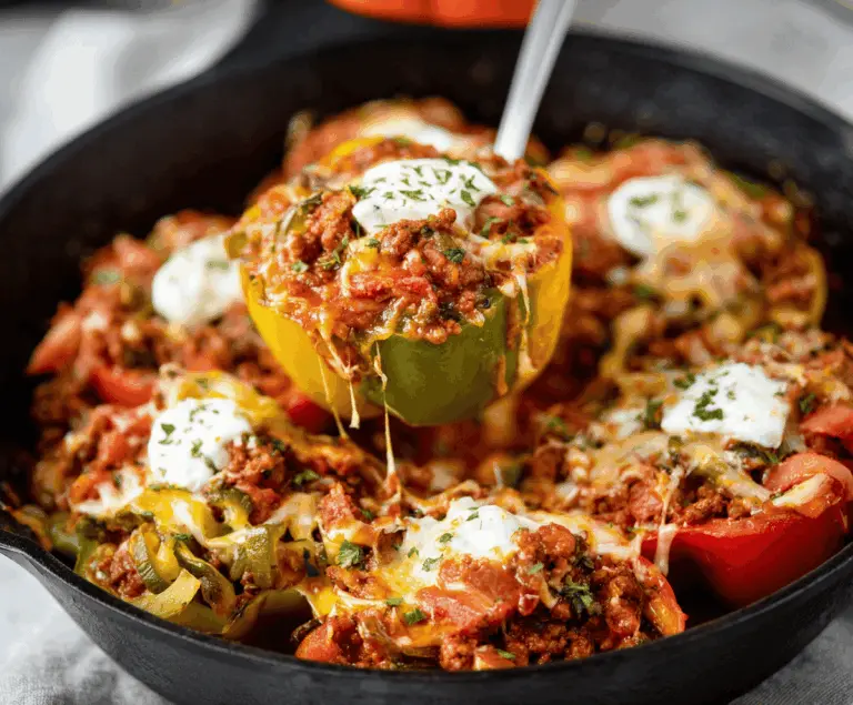 Colorful unstuffed pepper bowls filled with seasoned ground beef, rice, and vegetables in a white bowl on a wooden table, perfect for a quick and healthy meal.