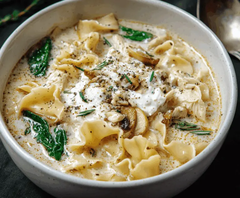 Creamy White Lasagna Soup with spinach, ricotta, and melted cheese served in a bowl, topped with fresh herbs