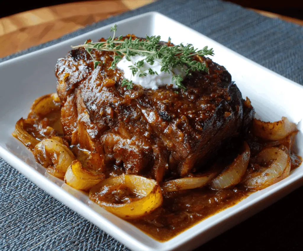 Tender pork shoulder braised in apple cider with caramelized onions and herbs, perfect for a flavorful, comforting meal.