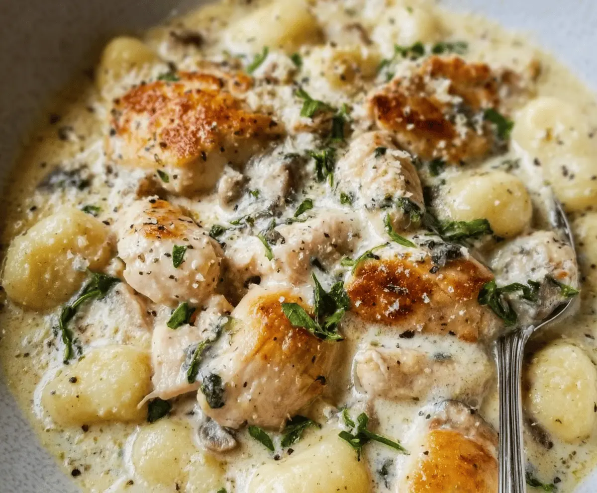 Creamy Asiago Chicken Gnocchi dish with tender chicken, fluffy gnocchi, and melted Asiago cheese garnished with fresh herbs.