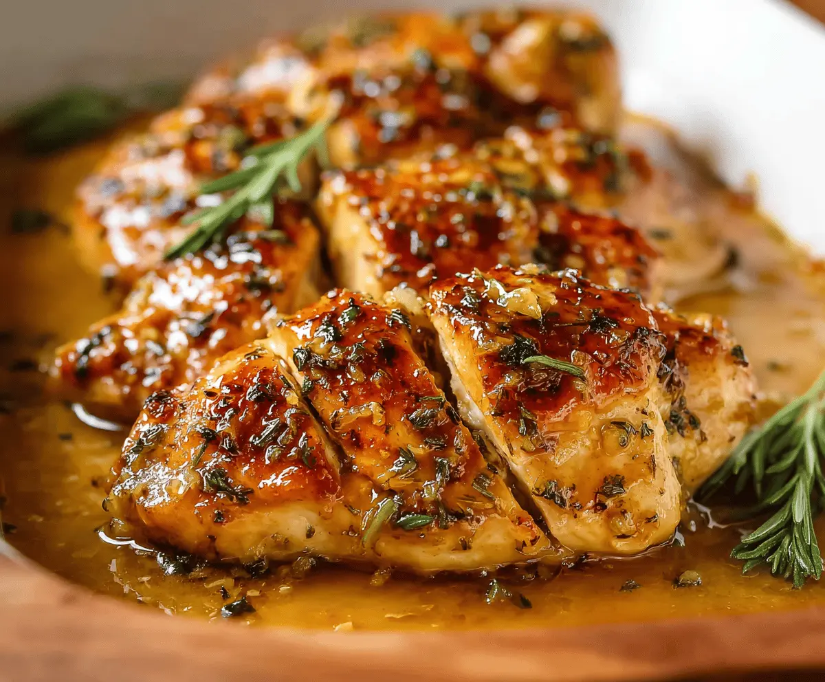 Delicious baked honey Dijon chicken served with fresh herbs and a golden glaze on a white plate