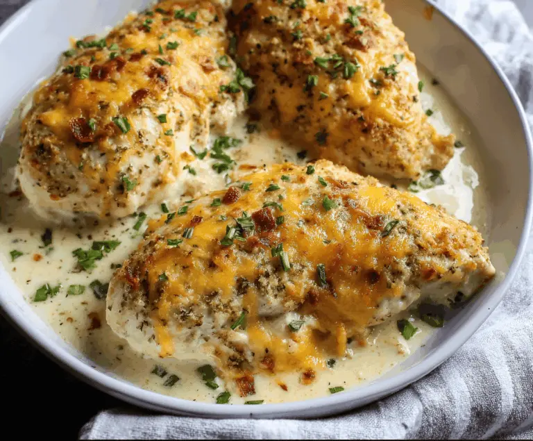 Golden baked ranch chicken breasts served on a plate with fresh herbs, perfect for a flavorful and easy dinner recipe.