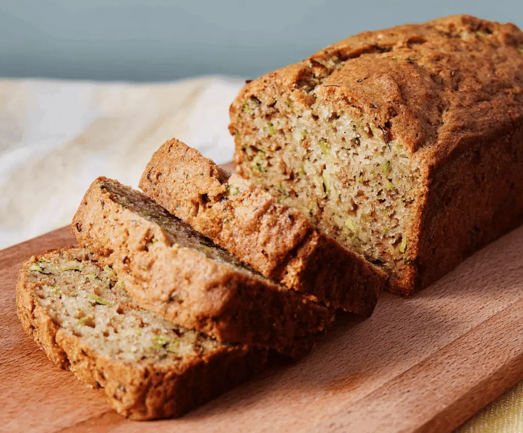 Delicious slices of bakery-style zucchini bread topped with walnuts and a dusting of powdered sugar, ready to serve