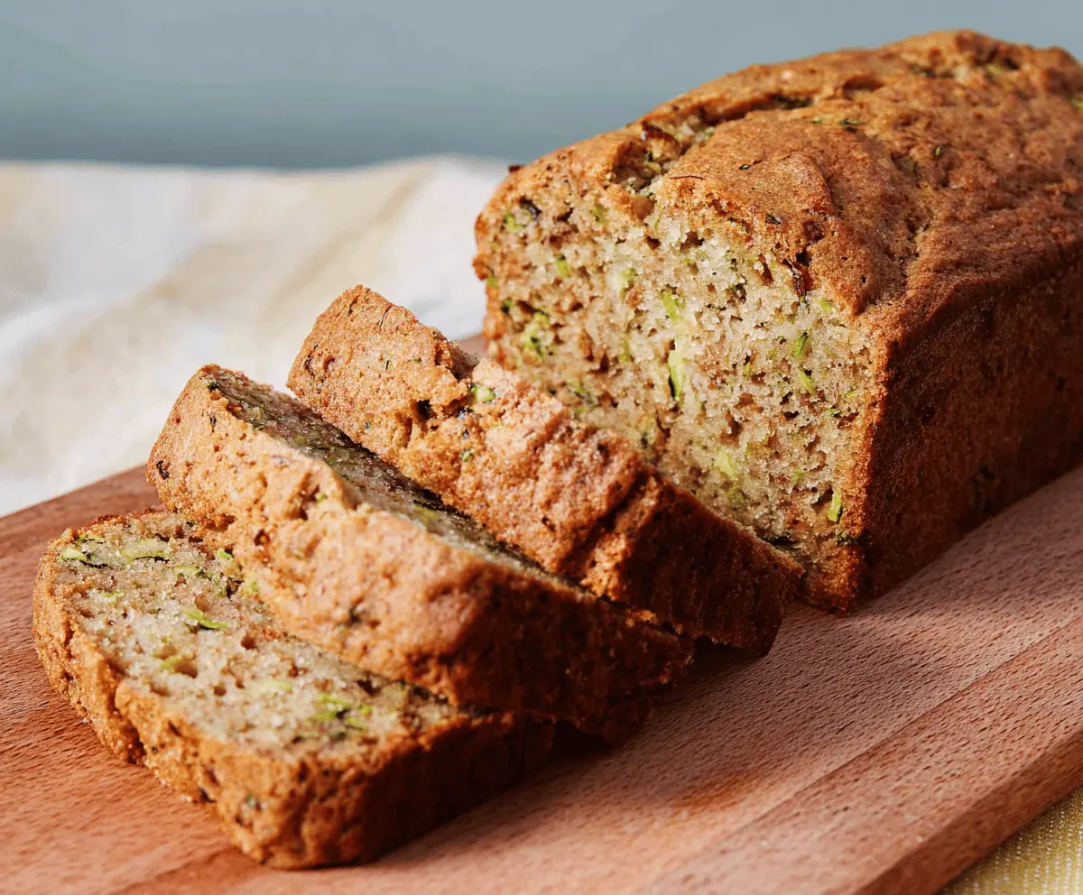 Delicious slices of bakery-style zucchini bread topped with walnuts and a dusting of powdered sugar, ready to serve