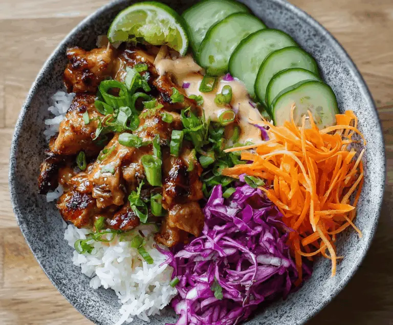 Creamy Bang Bang Chicken Bowl with crispy chicken, spicy mayo, and fresh vegetables served in a bowl
