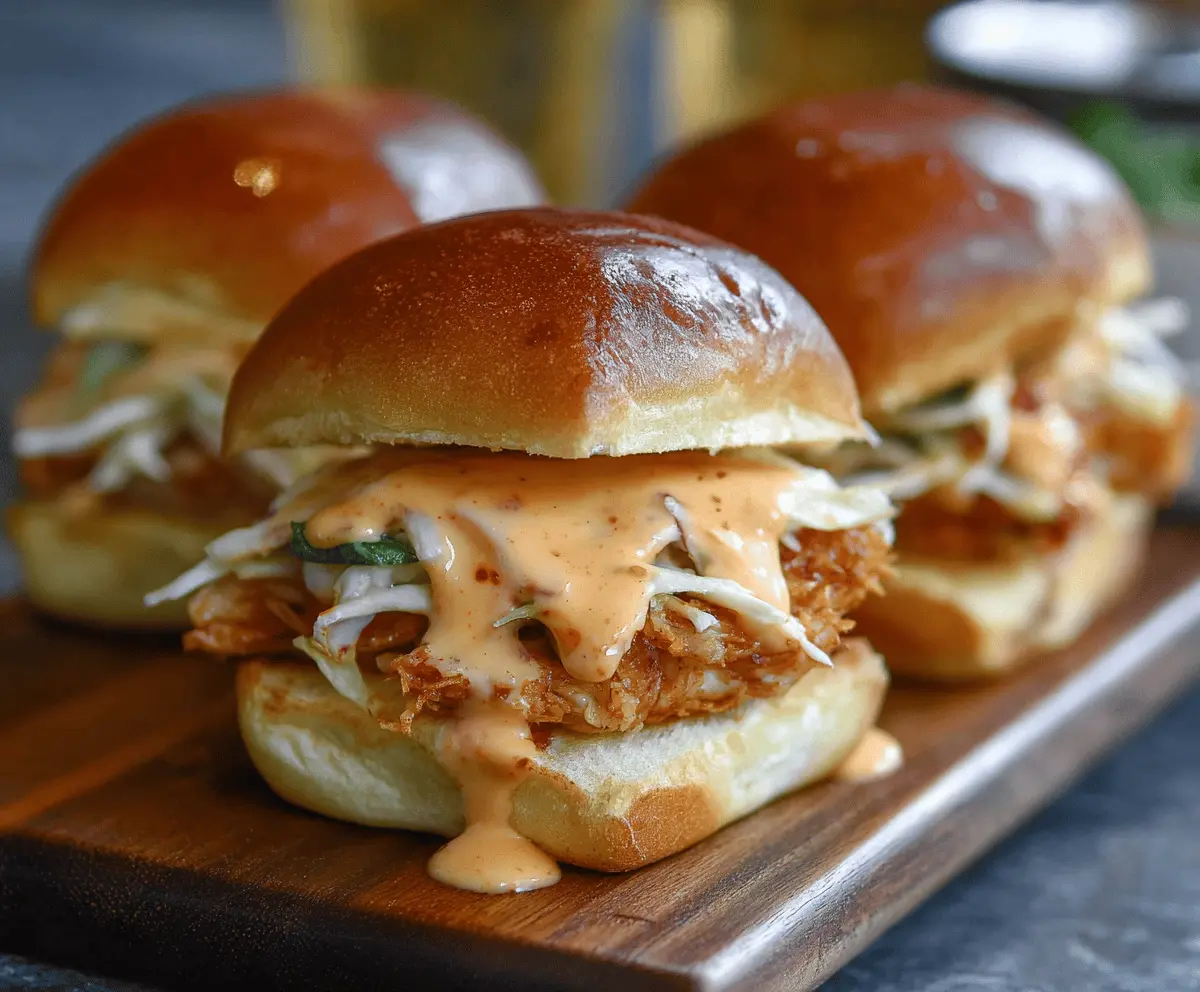 Delicious Bang Bang Chicken Sliders topped with spicy creamy sauce and fresh vegetables on slider buns