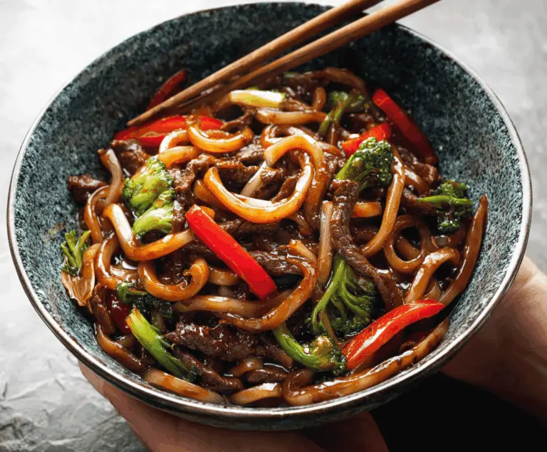 Delicious beef black pepper udon stir-fry with tender beef slices, black pepper sauce, and chewy udon noodles on a plate