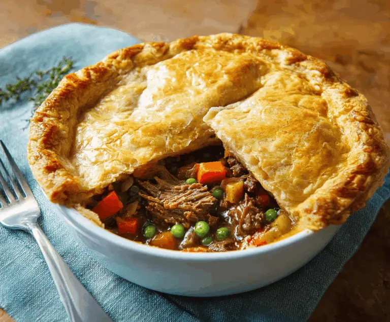 Delicious homemade beef pot pie topped with golden flaky crust and savory beef filling, served in a rustic dish