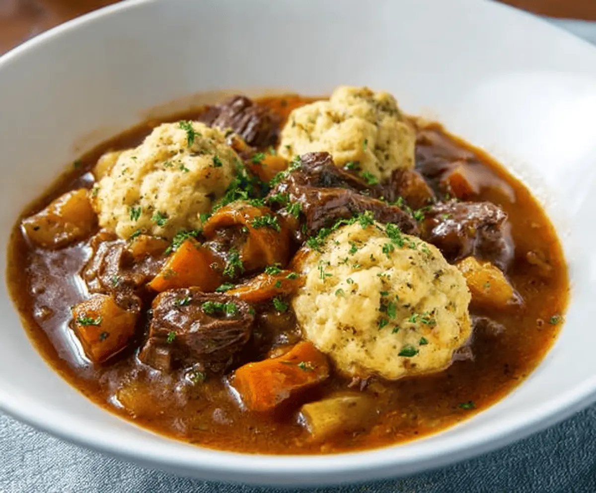 Hearty beef stew with tender meat, vegetables, and fluffy dumplings in a rustic bowl, perfect for comforting meals.