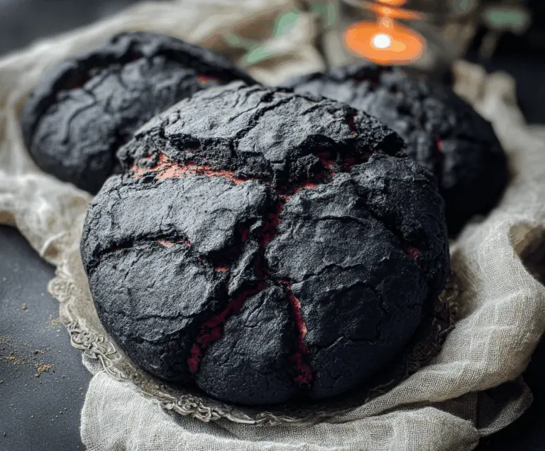 Black Halloween Brimstone Bread, spooky themed bread with dark, smoky appearance perfect for Halloween celebrations.
