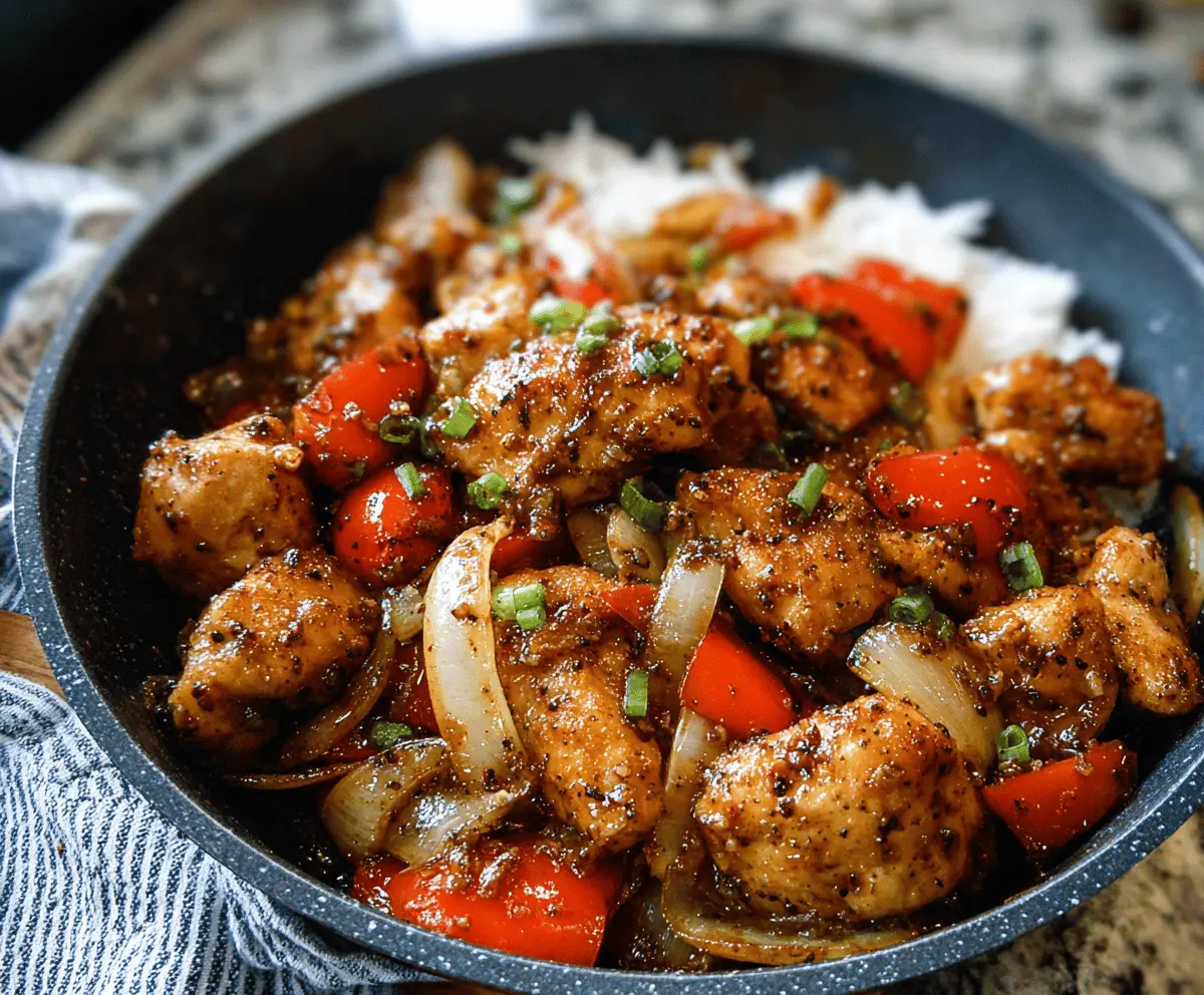 Delicious black pepper chicken stir-fry with vibrant vegetables and a savory sauce on a white plate