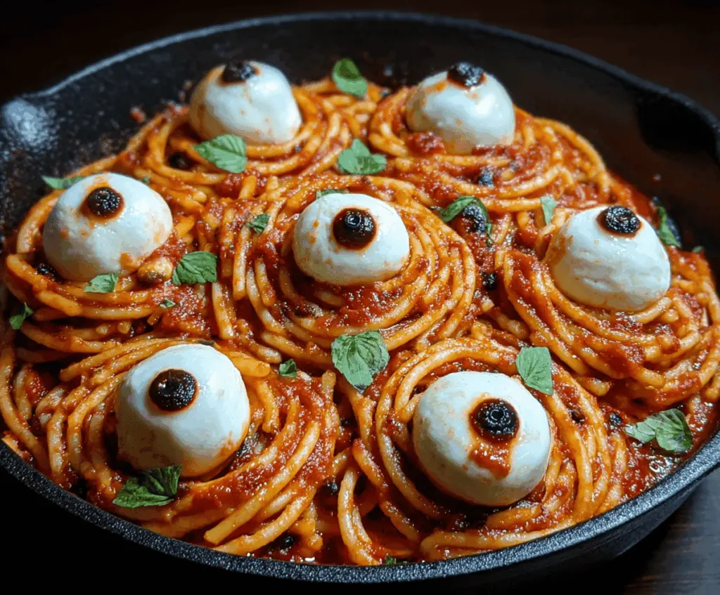 Bloody Spaghetti with Mozzarella Eyeballs Halloween-inspired creepy pasta dish with spooky eyeball decorations and tomato sauce
