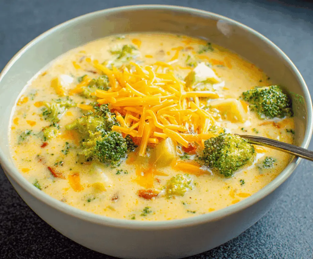 Creamy broccoli, potato, and cheese soup served in a bowl with fresh broccoli florets on top, perfect for a comforting meal.