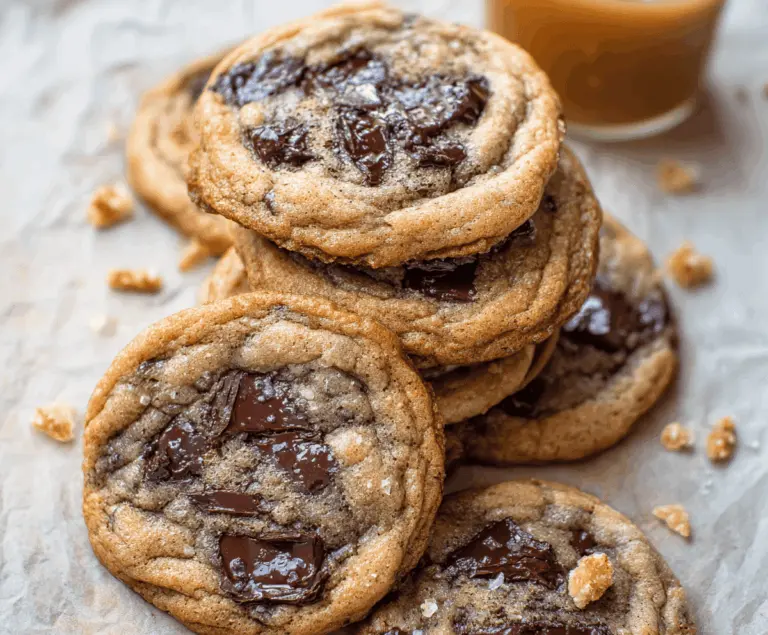 Delicious homemade brown butter chocolate chip cookies with golden edges and gooey chocolate chips on a rustic wooden surface