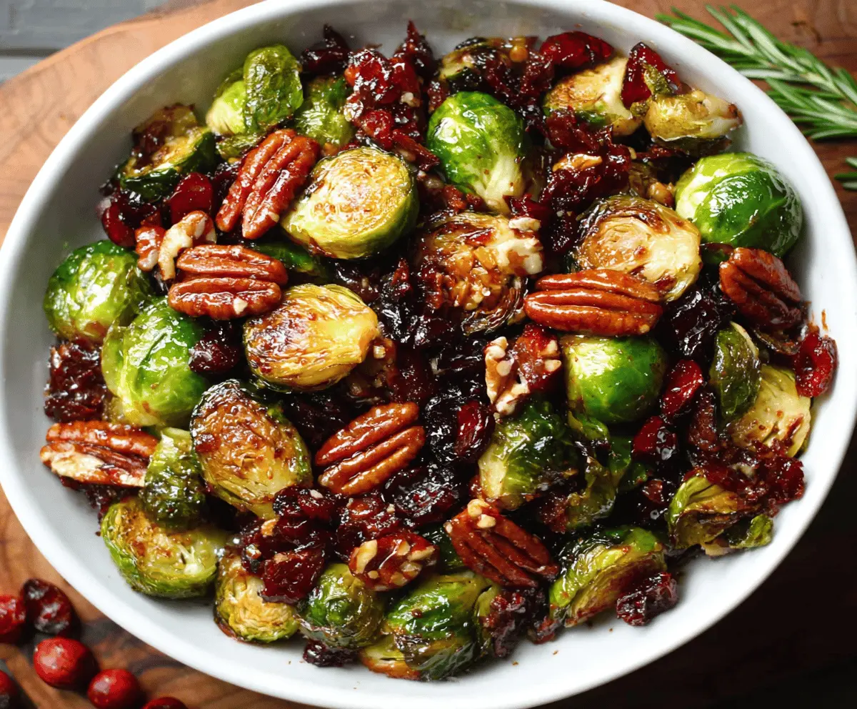 Delicious Brussels sprouts salad with crispy bacon, toasted pecans, dried cranberries, and a drizzle of balsamic glaze, perfect for a flavorful side dish.