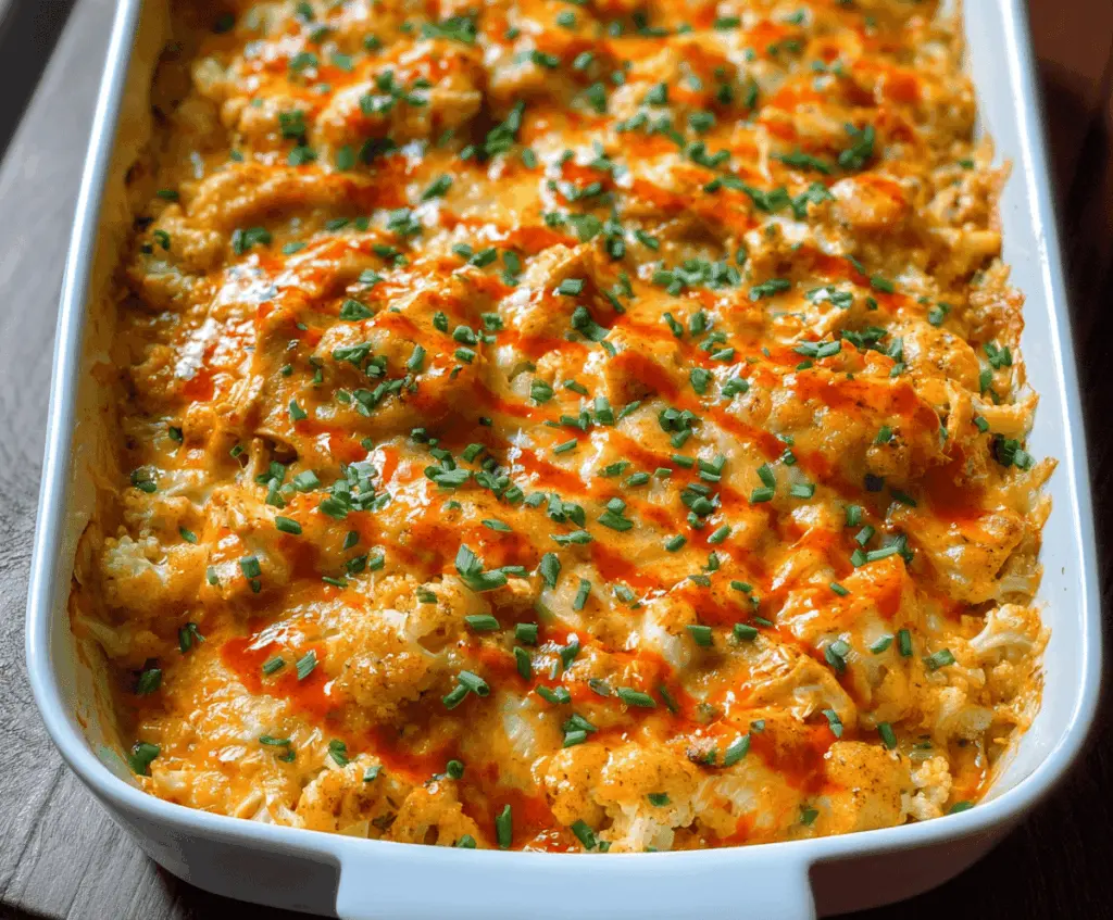 Creamy Buffalo Chicken Cauliflower Casserole topped with melted cheese and garnished with chopped green onions, a delicious low-carb, keto-friendly healthy dinner option.