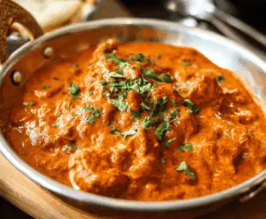 Creamy butter chicken served with rice and fresh cilantro, delicious Indian dish
