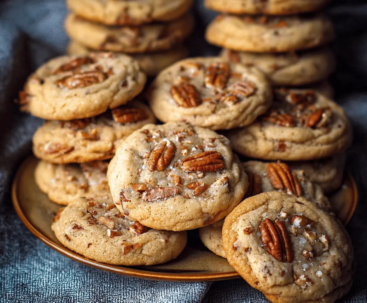 Delicious buttery pecan cookies with golden-brown edges on a baking sheet.