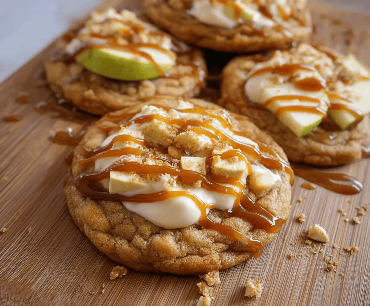 Delicious caramel apple cookies with a golden baked crust and caramel drizzles on top.