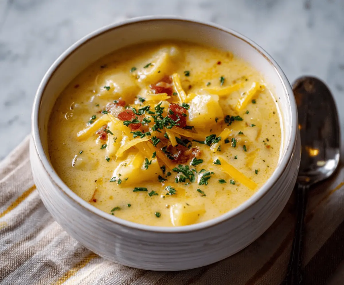 Creamy cheddar garlic herb potato soup served in a bowl with fresh herbs and melted cheese on top, perfect for a comforting meal.
