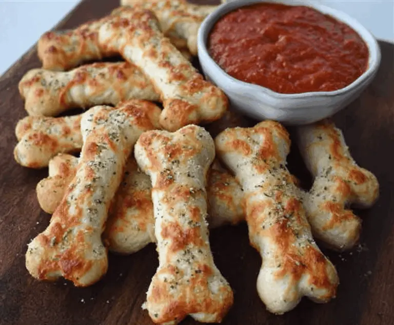 Golden cheesy breadstick bones served on a platter, topped with melted cheese and herbs, perfect for a savory appetizer or snack.