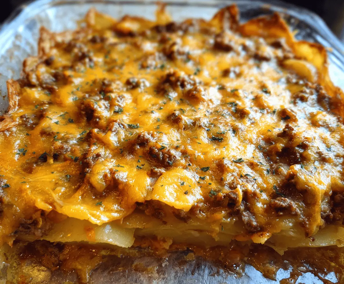 Delicious cheesy ground beef and potato casserole topped with melted cheese and fresh herbs, served in a baking dish