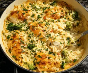 Delicious baked chicken and rice casserole topped with melted cheese, served in a baking dish, perfect for a comforting dinner.