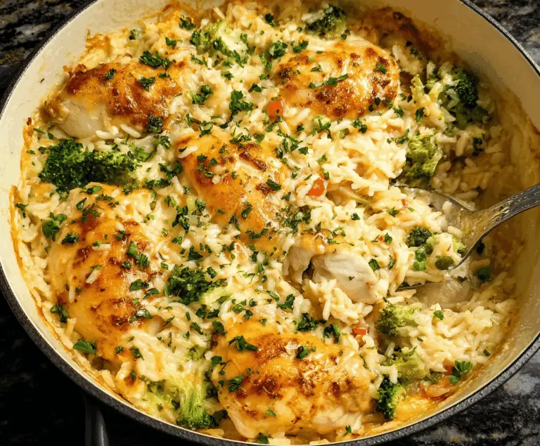 Delicious baked chicken and rice casserole topped with melted cheese, served in a baking dish, perfect for a comforting dinner.