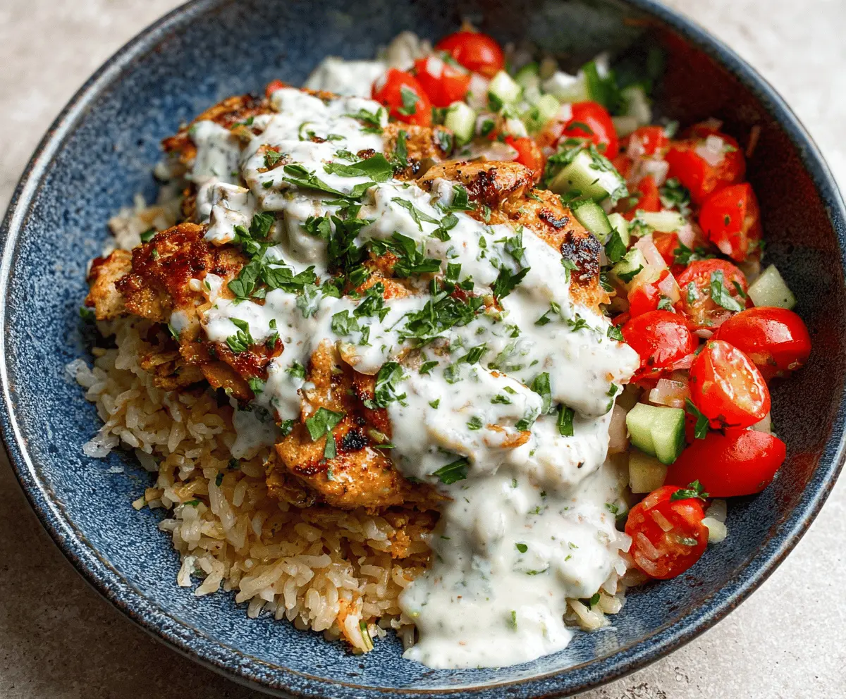 Delicious chicken and rice bowls topped with creamy garlic sauce, perfect for a flavorful meal.