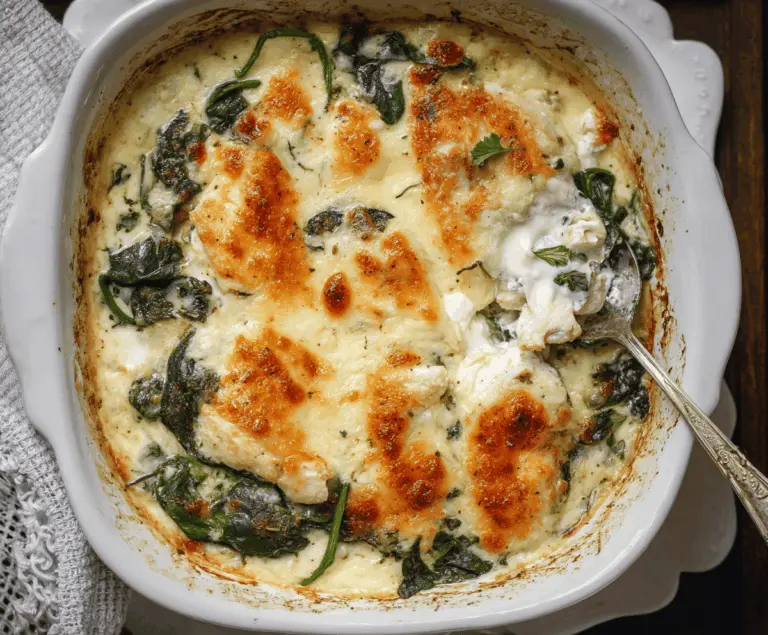 Creamy chicken and spinach casserole topped with melted cheese and fresh herbs, featuring tender chicken breasts and creamy cream cheese sauce.