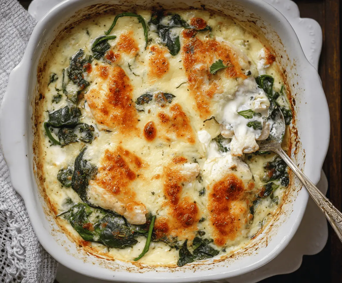Creamy chicken and spinach casserole topped with melted cheese and fresh herbs, featuring tender chicken breasts and creamy cream cheese sauce.