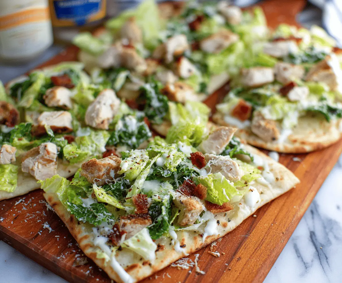 Delicious Chicken Caesar Flatbread topped with grilled chicken, romaine lettuce, parmesan cheese, and creamy Caesar dressing on a crispy flatbread crust.